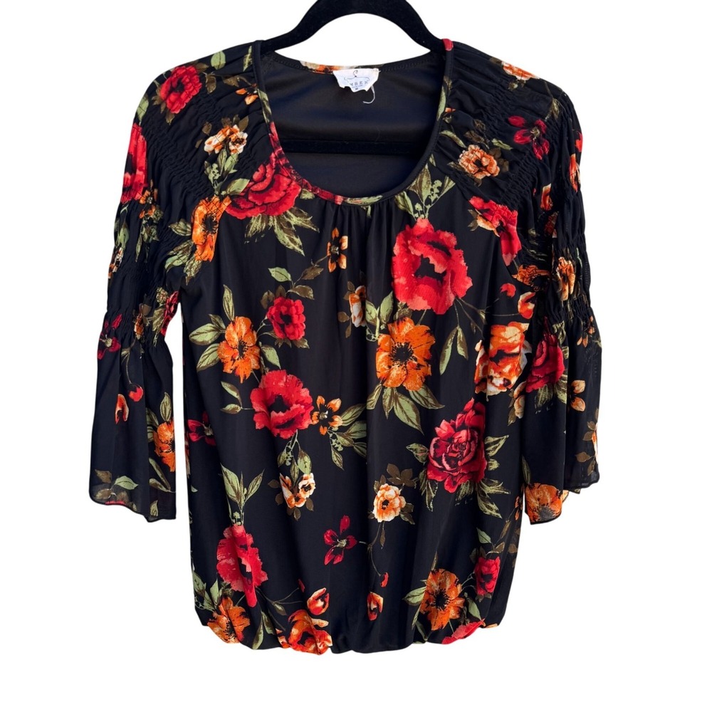 Ember Dark Floral Bubble Hem Blouse 3/4 Bell Sleeve Smocked Top M Romantic Boho